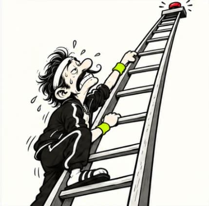 Hoca bitmeyen bir merdivenin tepesindeki küçük butona tırmanıyor